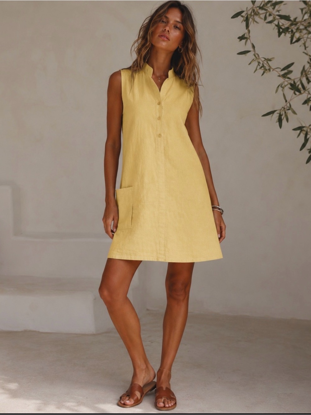 Bohemian Organic Linen Cotton Soft Mini Dress – Mustard Yellow, One Size (M-XL)